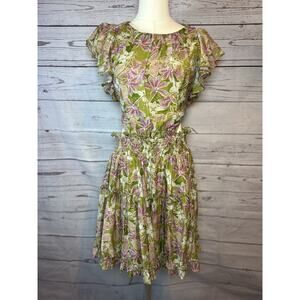 En Saison Sedna Tiered Mini Dress Large Floral Ruffle Hem & Sleeve Green Pink